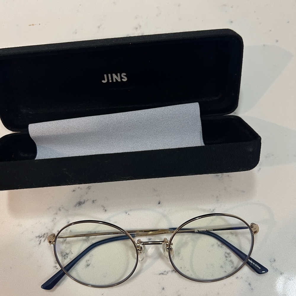 JINS Gold Round Metal Glasses with Navy Temples
